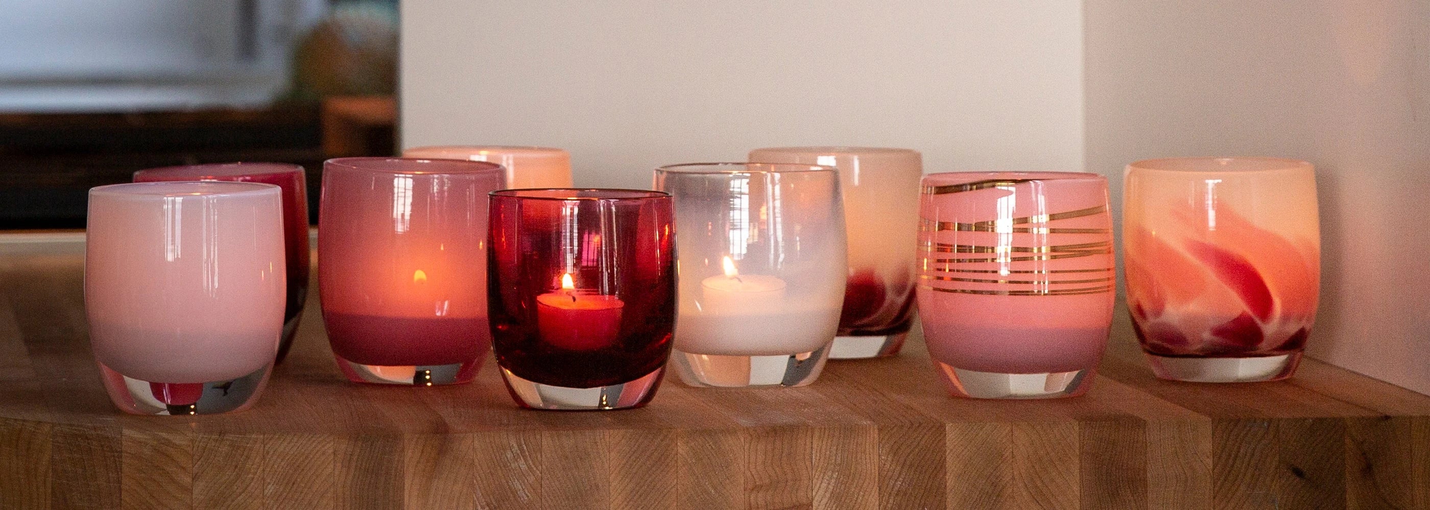 pink hand-blown glass votive candle holders