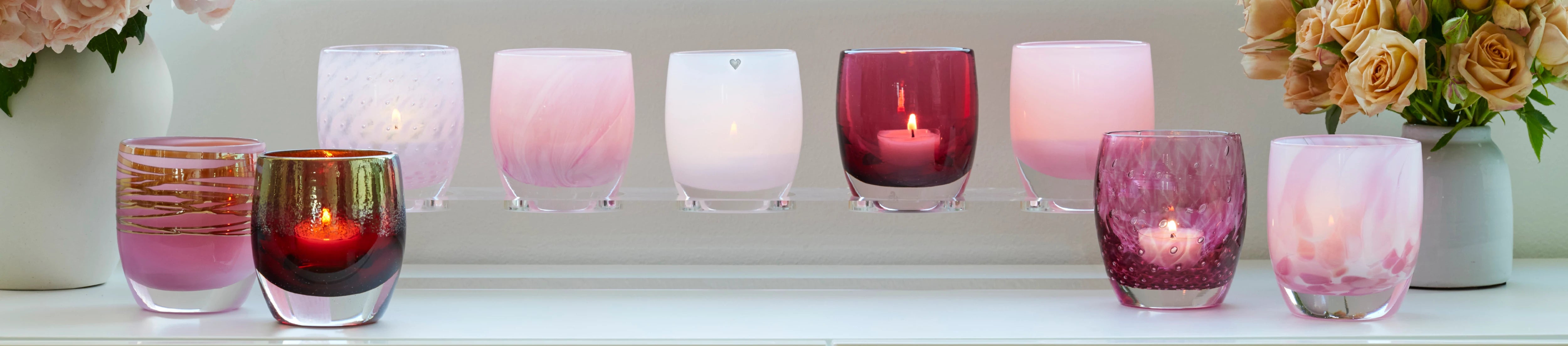 pink hand-blown glass votive candle holders