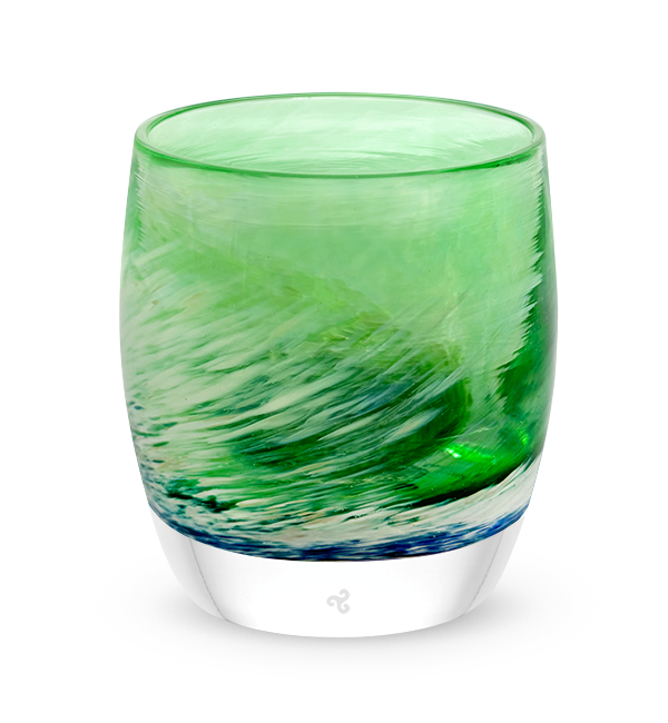 SUNDAY, blue green and white swirl hand-blown glass votive candle holder.