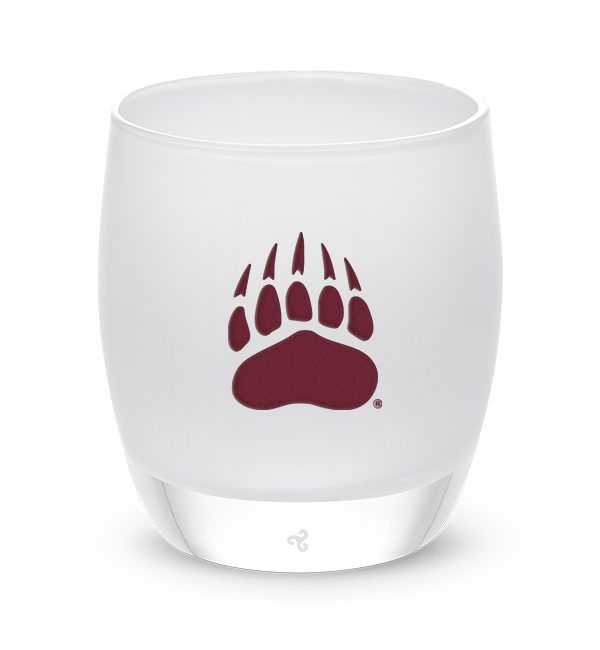 Montana, University of Montana crimson grizzly bear paw print logo etched onto white hand-blown glass votive candle-holder.