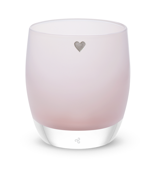 humble heart is a light pink glass-blown candle votive with a etched heart on it that is hand-painted.