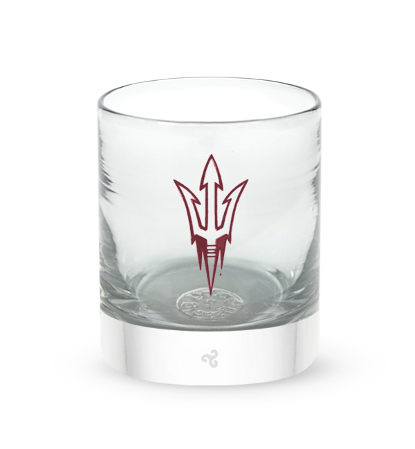 Arizona State rocker, clear hand-blown lowball drinking glass with Arizona State University pitchfork logo hand-etched in crimson.