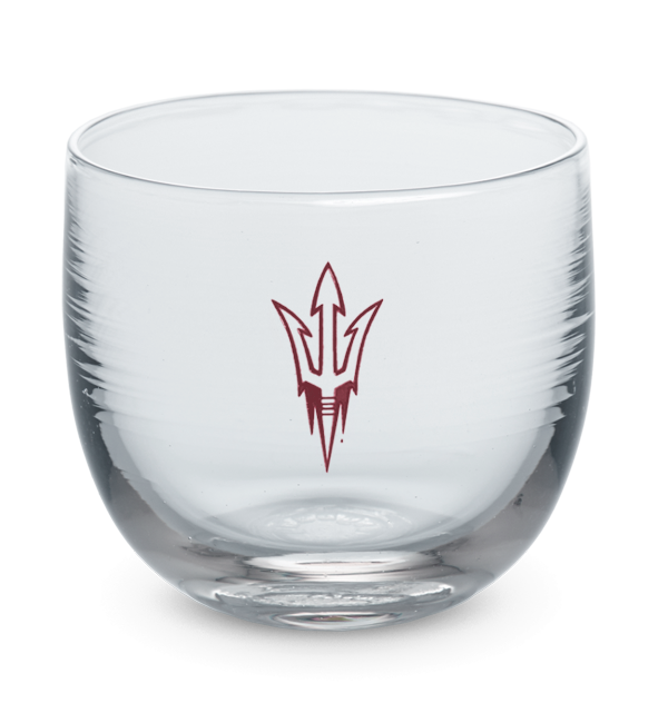 Arizona State drinker, clear hand-blown glass stemless wine glass with Arizona State University pitchfork logo hand-etched in crimson.