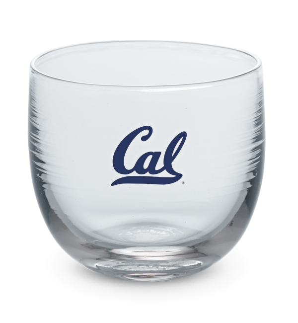 Cal Berkeley drinker, clear hand-blown stemless wine glass with University of California, Berkeley logo hand-etched in navy.