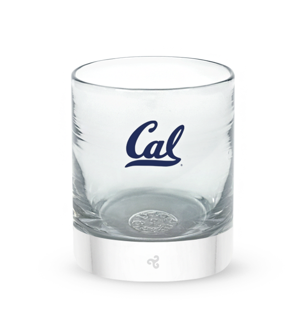 Cal Berkeley rocker, clear hand-blown lowball drinking glass  with University of California, Berkeley logo hand-etched in navy.