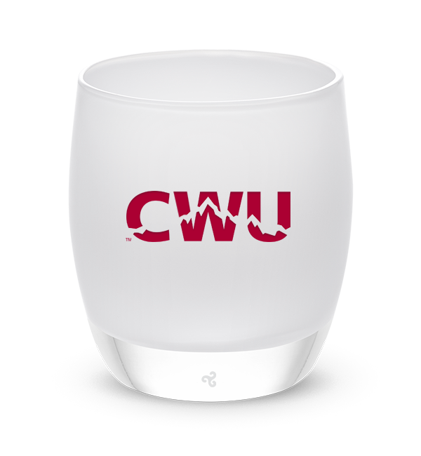 Central Washington University, etched Central Washington University (CWU) college logo on a white hand-blown glass candle holder.