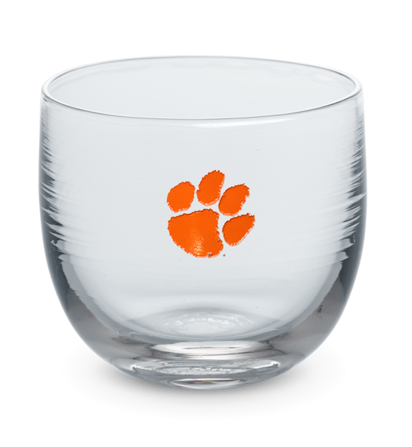 Clemson drinker, clear hand-blown glass stemless wine glass with Clemson University paw print logo hand-etched in orange.