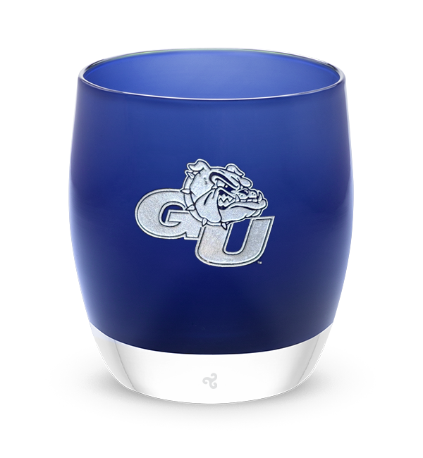 Gonzaga, Gonzaga University mascot logo in silver on navy blue, hand-blown glass votive candle holder.