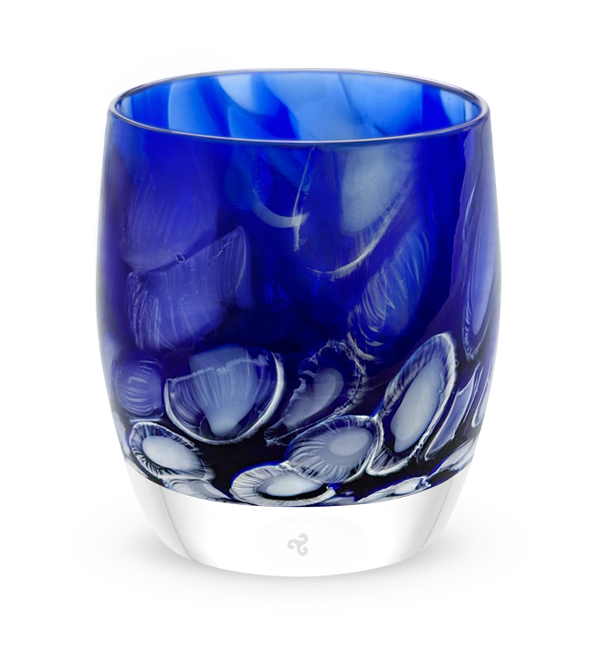 inner circle, translucent dark blue and white murrini spotted hand-blown glass votive candle holder.