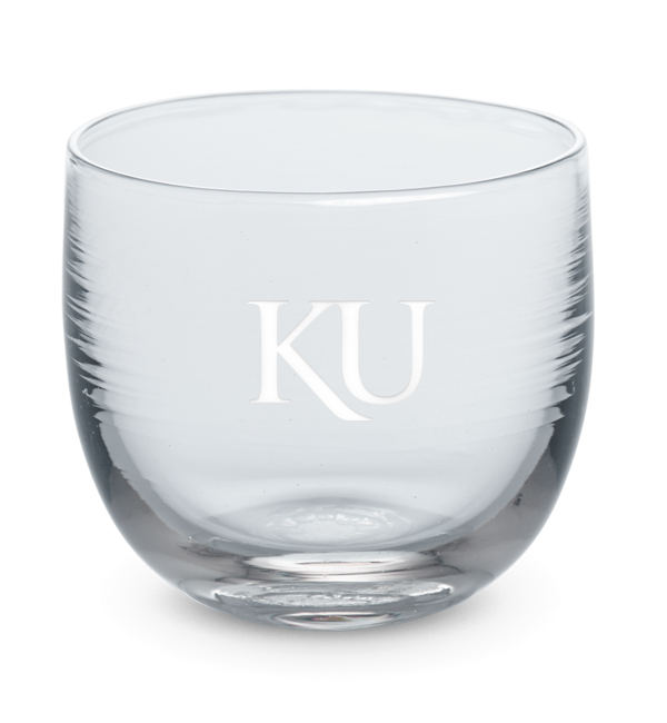 Kansas drinker, clear hand-blown stemless wine glass with University of Kansas logo hand-etched in white.