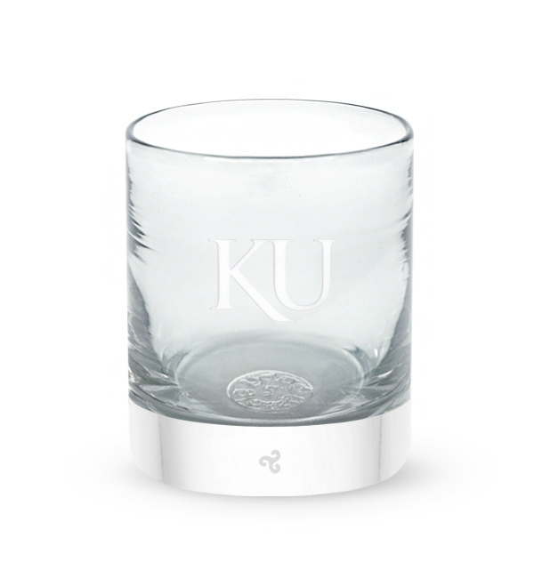 Kansas rocker, clear hand-blown stemless wine glass with University of Kansas logo hand-etched in white