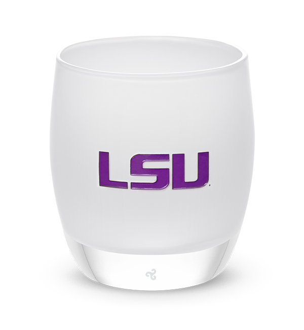 Louisiana State, white with sandblasted Louisiana State University etching hand painted in purple, hand-blown glass votive candle holder.