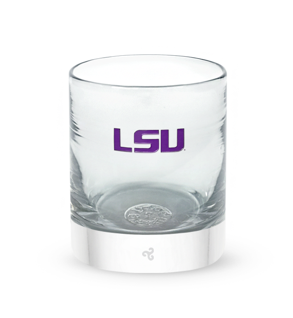 Louisiana State rocker, clear hand-blown lowball drinking glass with Lousiana State LSU logo hand-etched in purple.