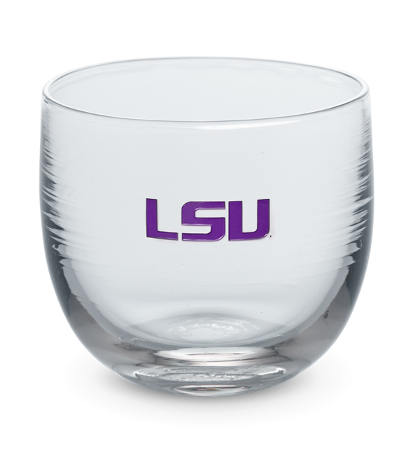 Louisiana State drinker, clear hand-blown stemless wine glass with Louisiana State University logo hand-etched in purple.