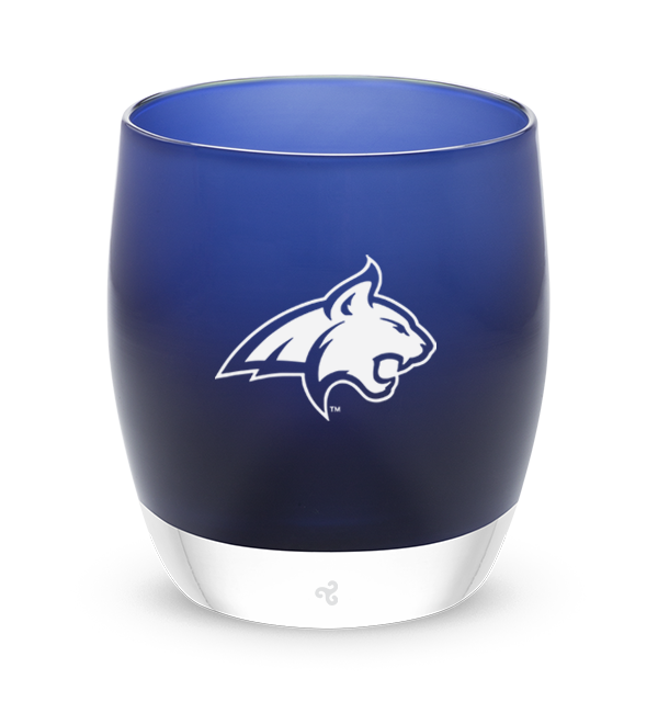 Montana State, navy blue with sandblasted Montana State University bobcat etching hand painted in white, hand-blown glass votive candle holder.