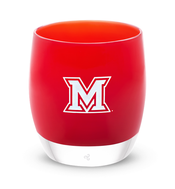 Miami University, red with sandblasted Miami University etching hand painted in white, hand-blown glass votive candle holder.