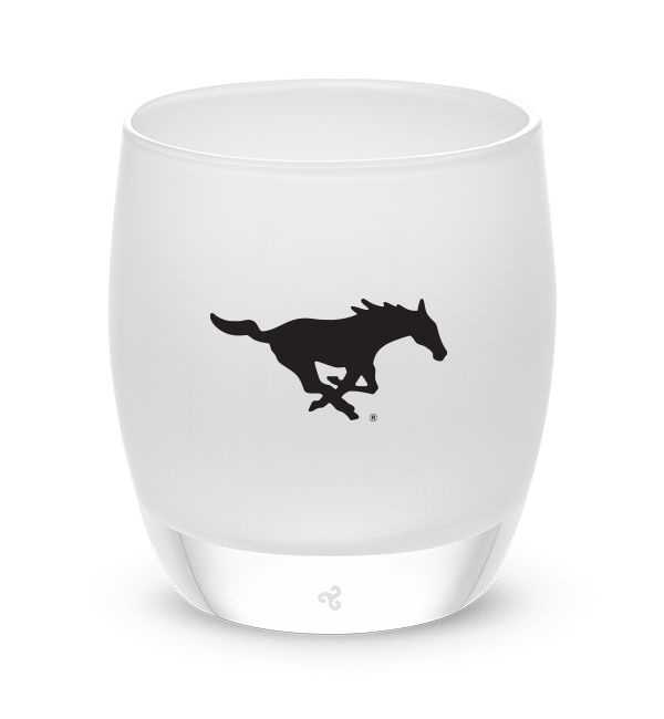 #School_SMU,  Southern Methodist University horse logo hand-etched in black, on white hand-blown glass votive candle holder.