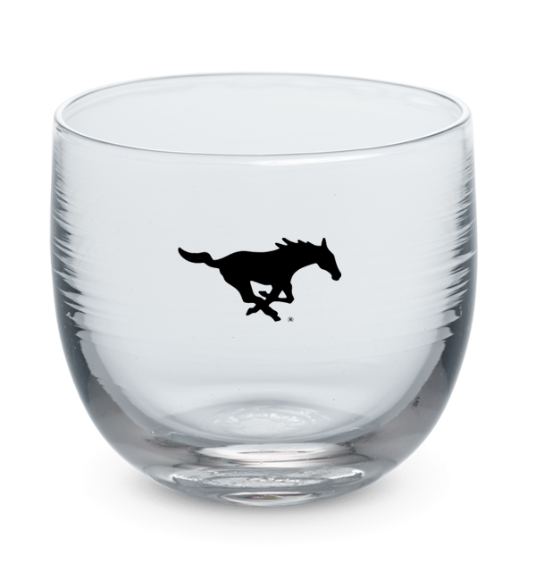 Southern Methodist drinker, clear hand-blown stemless wine glass with Southern Methodist University horse logo hand-etched in black.