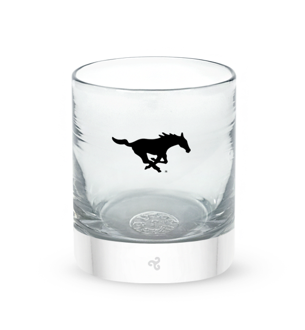 Southern Methodist rocker, clear hand-blown lowball drinking glass with Southern Methodist University horse logo hand-etched in black.