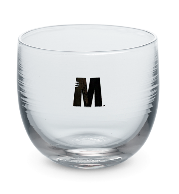 Wisconsin-Milwaukee drinker, clear hand-blown stemless wine glass with University of Wisconsin-Milwaukee logo hand-etched in black.