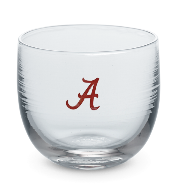 Alabama drinker, clear hand-blown stemless wine glass with University of Alabama logo hand-etched in crimson.