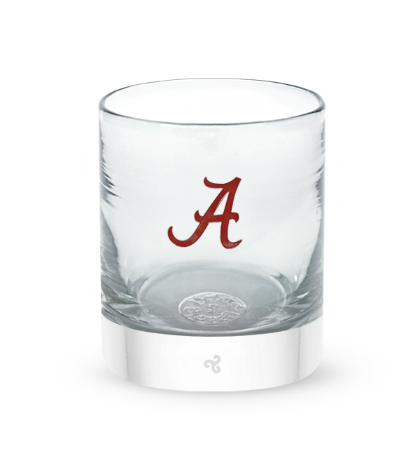 Alabama rocker, clear hand-blown lowball drinking glass with University of Alabama logo hand-etched in crimson.