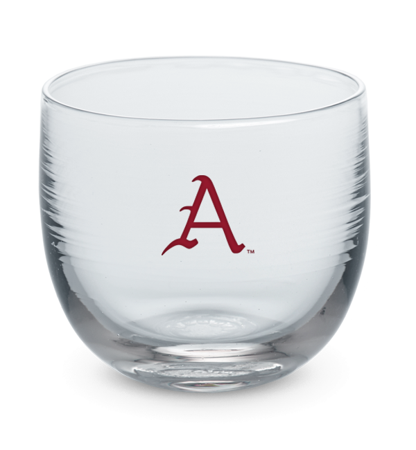 Arkansas drinker, clear hand-blown stemless wine glass with University of Arkansas logo hand-etched in crimson.