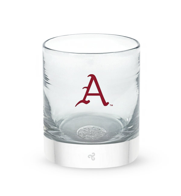 Arkansas rocker, clear hand-blown lowball drinking glass with University of Arkansas logo hand-etched in crimson.