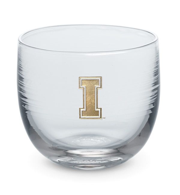 Idaho drinker, clear hand-blown stemless wine glass with University of Idaho logo hand-etched in gold.