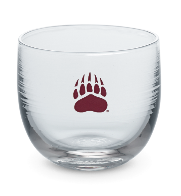 Montana drinker, clear hand-blown stemless wine glass with University of Montana bear paw print logo hand-etched in crimson.