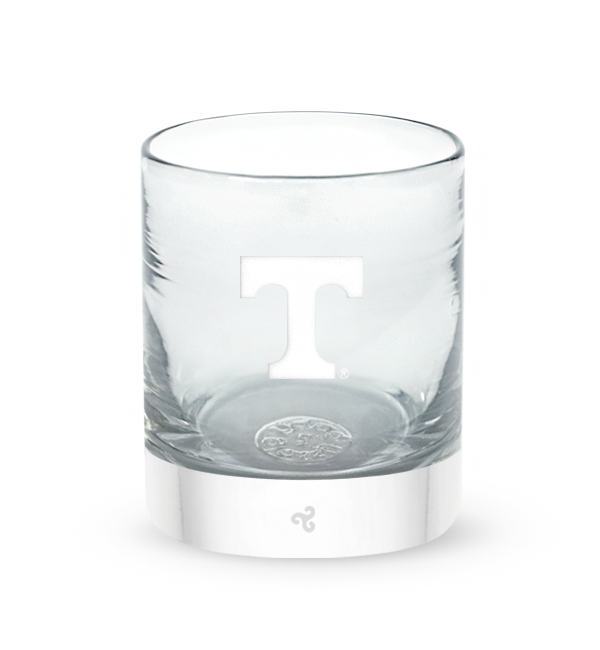 Tennessee rocker, clear hand-blown lowball drinking glass with University of Tennessee logo hand-etched in white.