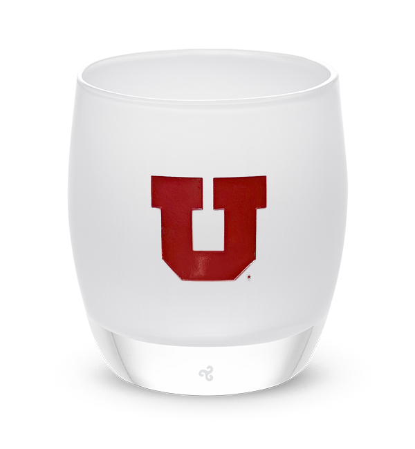 Utah, white with sandblasted University of Utah etching hand painted in dark, hand-blown glass votive candle holder.