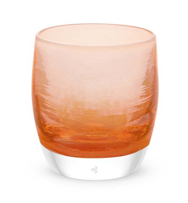 special treat, rustic orange transparent hand-blown glass votive candle holder.