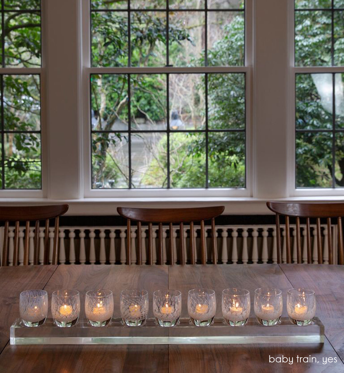 baby train™ - 9 well holding nine yes on a dark wood dining room table with windows and greenery behind.