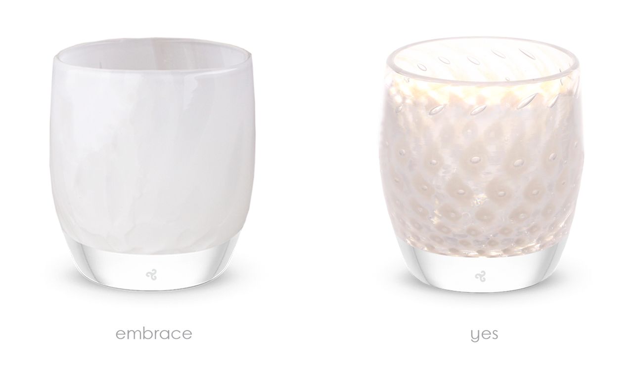 become one, set of 2 white handblown glass votive candle holders, yes and embrace.