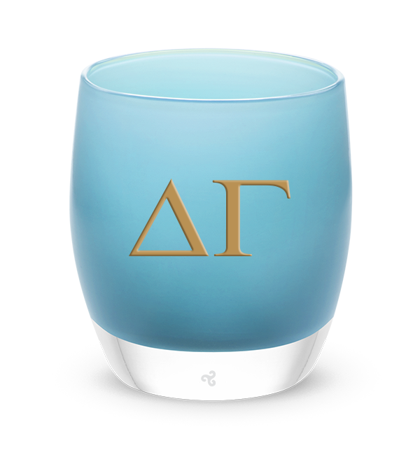 Delta Gamma Letters light blue glassybaby hand-blown glass candle holder with gold letters