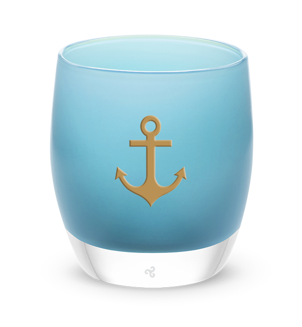 Delta Gamma Anchor light blue glassybaby hand-blown glass candle holder with gold anchor