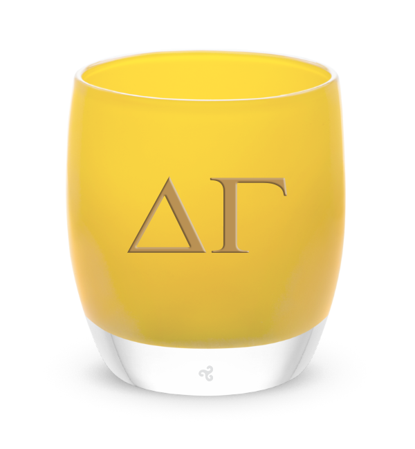 Delta Gamma Letters yellow glassybaby hand-blown glass candle holder with gold letters