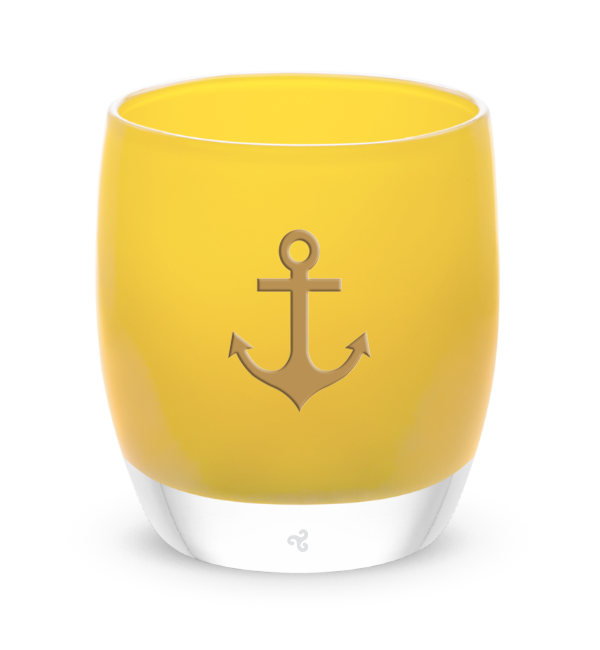 Delta Gamma Anchor yellow glassybaby hand-blown glass candle holder with gold anchor