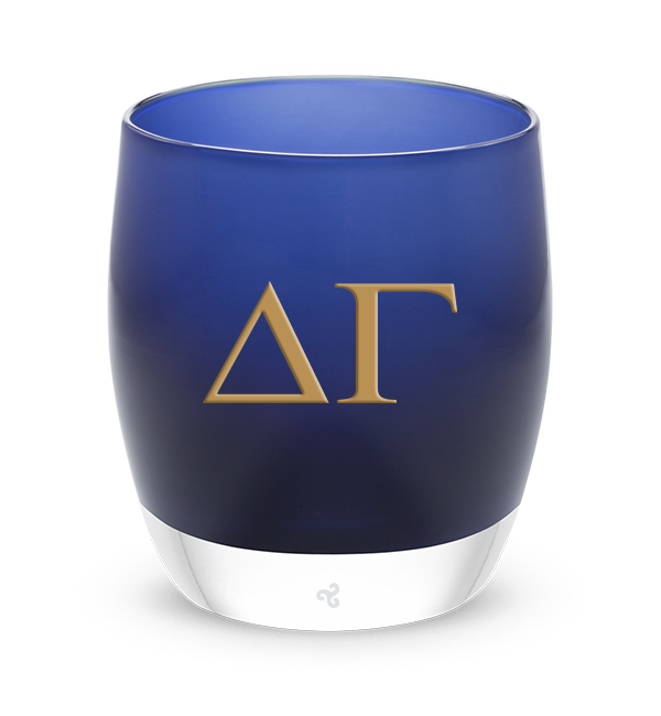 Delta Gamma Letters dark blue glassybaby hand-blown glass candle holder with gold letters