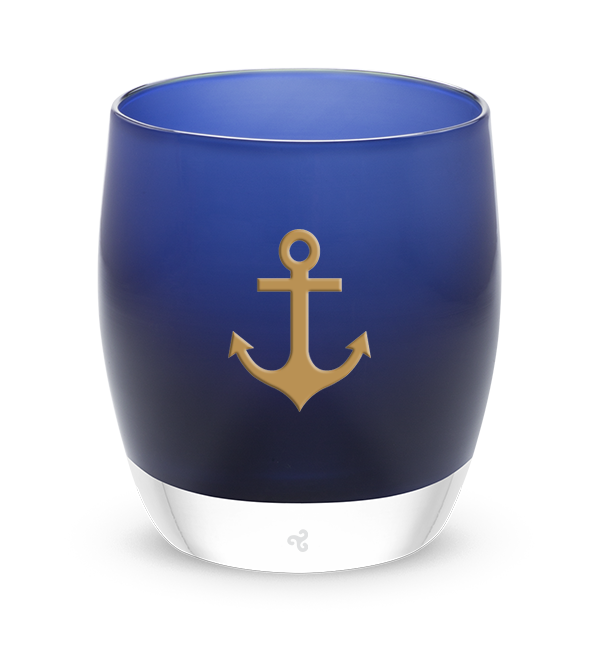 Delta Gamma Anchor dark blue glassybaby hand-blown glass candle holder with gold anchor