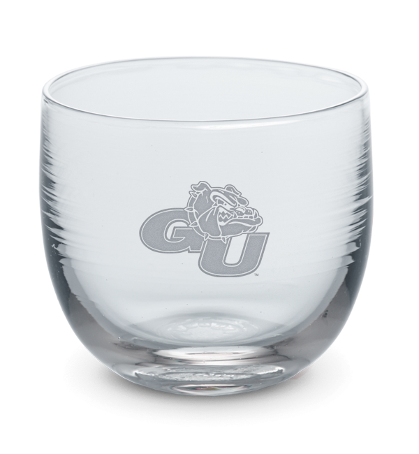 Gonzaga drinker, clear hand-blown stemless wine glass with Gonzaga University logo hand-etched in sliver.