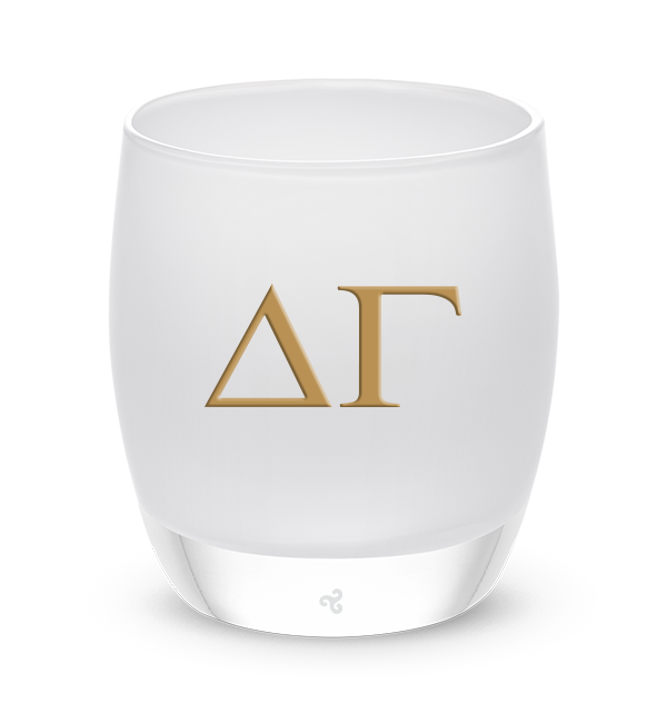 Delta Gamma Letters white glassybaby hand-blown glass candle holder with gold letters