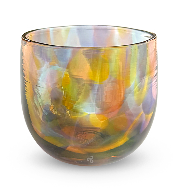 iced tea, multi-colored hand-blown drinking glass.