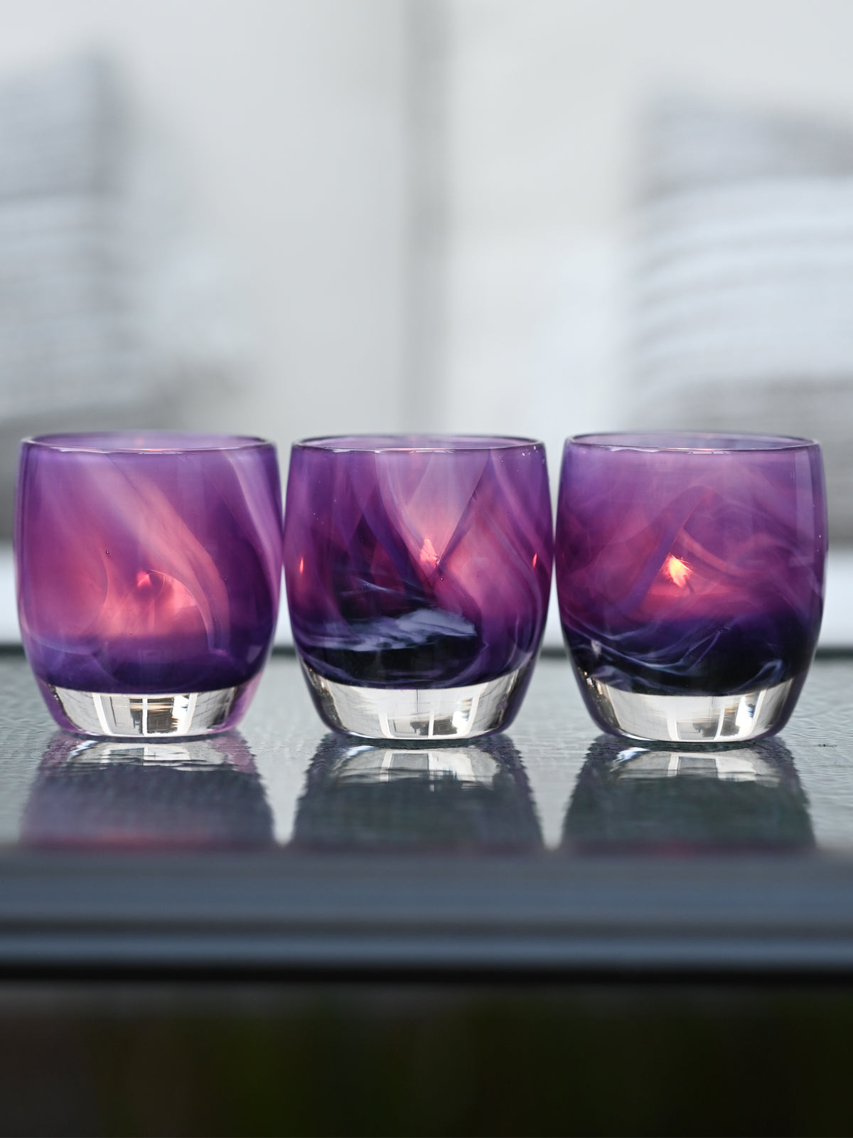 'in real life' purple hand-blown glass candle holder