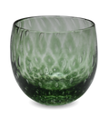 infusion is a dark green hand-blown drinking glass with a bubble pattern.