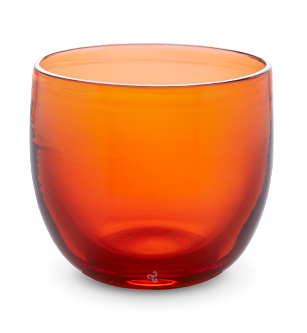 kentucky water, rusty orange red transparent hand-blown glass drinking glass.