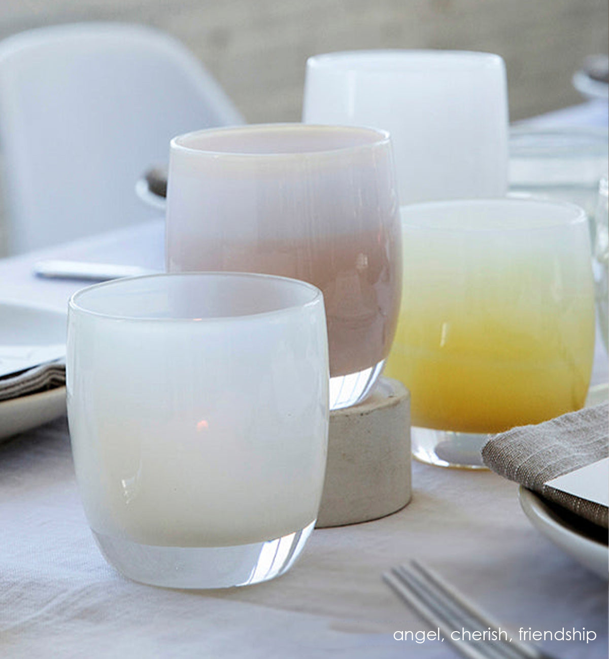 maid of honor set, cherish and friendship paired with angel on a wedding dining table.