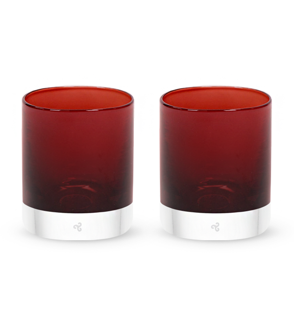 two Matador rockers. dark red hand-blown glass lowball drinking glasses