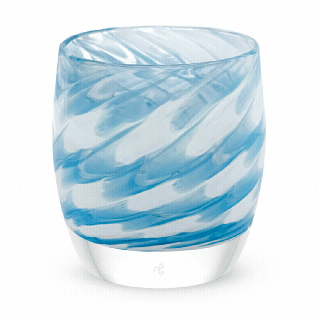 melody, sweeping swirled blue and white hand-blown glass votive candle holder